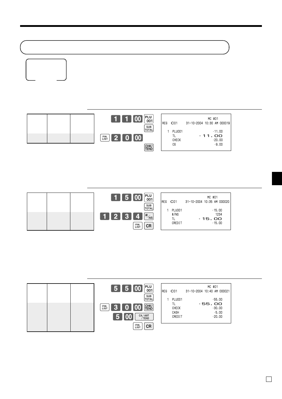 Registering credit and check payments, Basic operations and setups, ( s ≥ 20- k | ( s 1234 n ≥å, ( s ≥ 30- k 5- f ≥å | Casio QT-6000 User Manual | Page 33 / 104