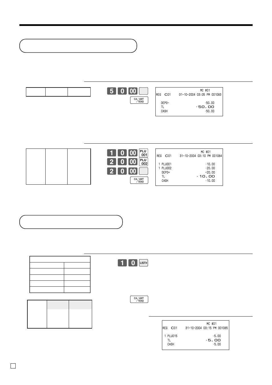 Deposit registrations, List-# registrations, Advanced operations | ( 20- ) 20- b f, 10 ß f | Casio QT-6000 User Manual | Page 56 / 104