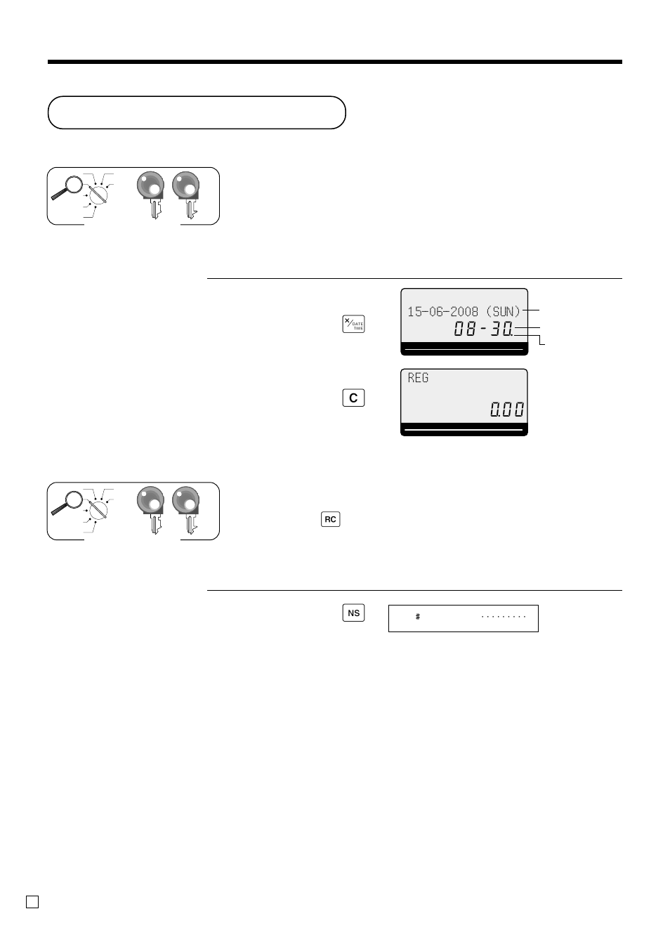 Before business hours, Basic operations and setups, Checking the time and date | Xc preparing coins for change, Opening the drawer without a sale, Operation display, Key instead of this key. see page 43.), Operation receipt, Date time blinking | Casio SE-C300 User Manual | Page 30 / 110