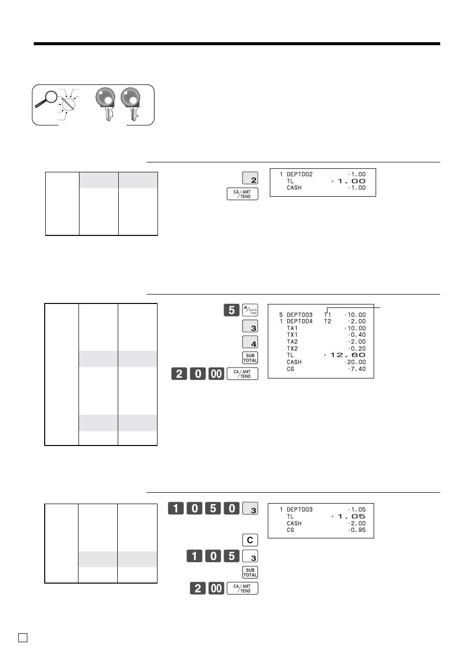 Basic operations and setups, Registering department keys by programming data, 5x # $ s 20- f | Preset price, Preset tax status, Locking out high amount limitation | Casio SE-C300 User Manual | Page 34 / 110