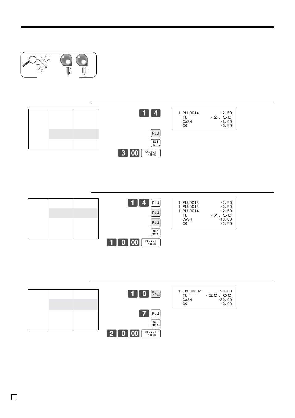 Basic operations and setups, Registering plus, 14 + s 3- f | 14 + + + s 10- f, Plu single item sale, Plu repeat, Plu multiplication | Casio SE-C300 User Manual | Page 36 / 110