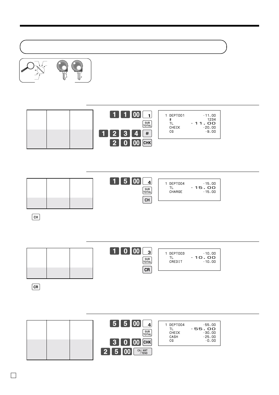 Registering credit and check payments, Basic operations and setups, $ s 30- k 25- f | $ s h, # s c | Casio SE-C300 User Manual | Page 40 / 110