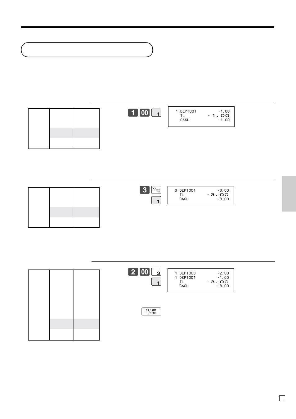 Single item cash sales, Ad v anced operations and setups, # ! f | Casio SE-C300 User Manual | Page 49 / 110