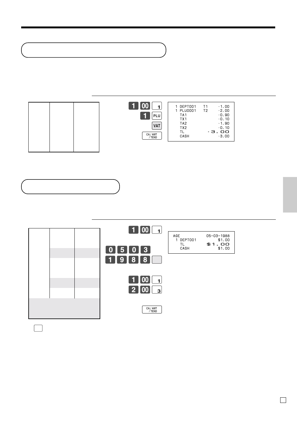 Vat breakdown printing, Age verification, Ad v anced operations and setups | ! 1 + v f | Casio SE-C300 User Manual | Page 53 / 110