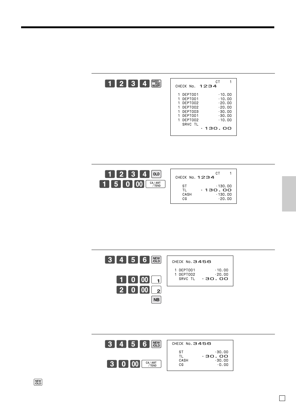 Ad v anced operations and setups, 1234 g, Issuing a guest receipt | New / old check key operation | Casio SE-C300 User Manual | Page 55 / 110