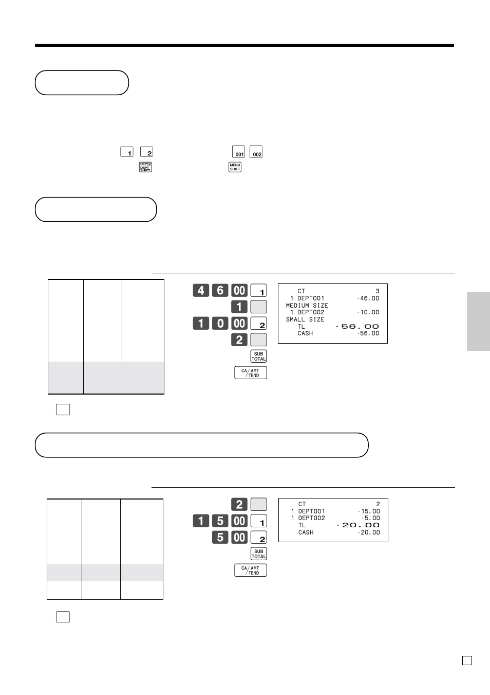 Text recall, Inputting the number of customers, Flat-plu | Ad v anced operations and setups, ! 1 b 10- " 2 b s f, 2b 15- ! 5- " s f | Casio SE-C300 User Manual | Page 57 / 110