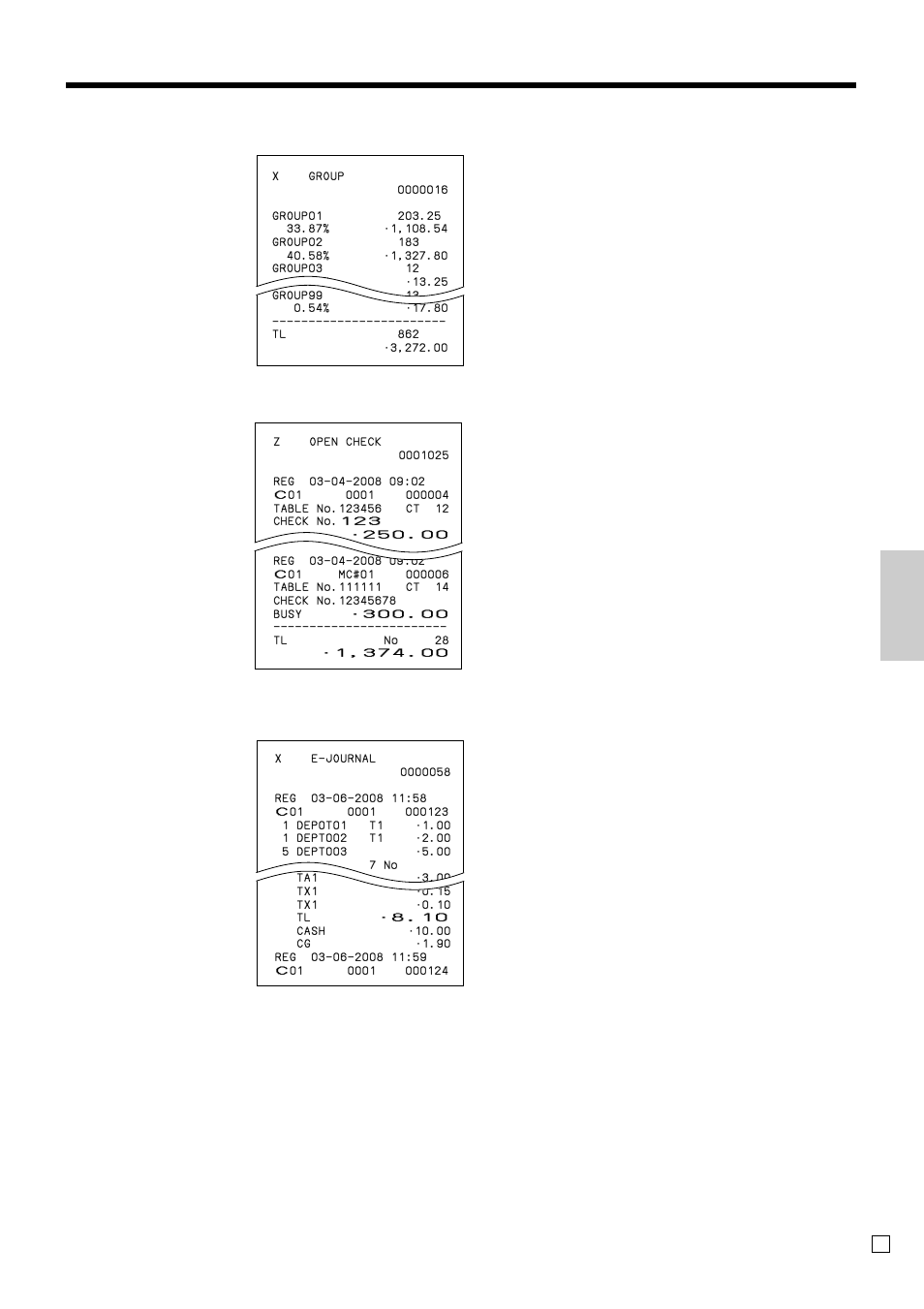 Ad v anced operations and setups, Group report open check report, Electronic journal report | Casio SE-C300 User Manual | Page 93 / 110