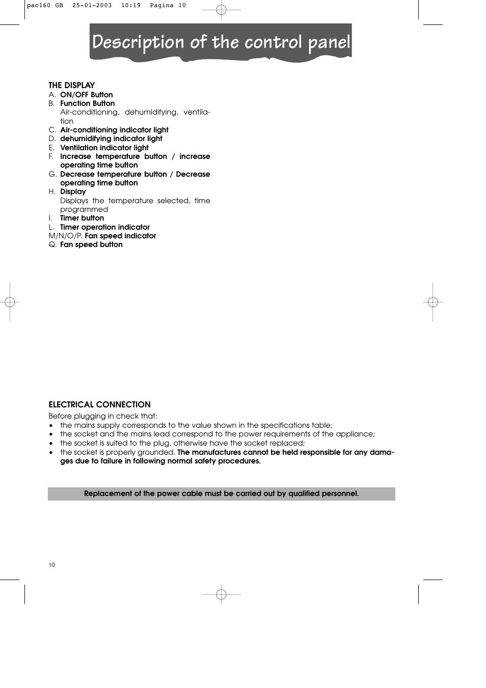 Description of the control panel | DeLonghi Pinguino PAC 160 User Manual | Page 10 / 18