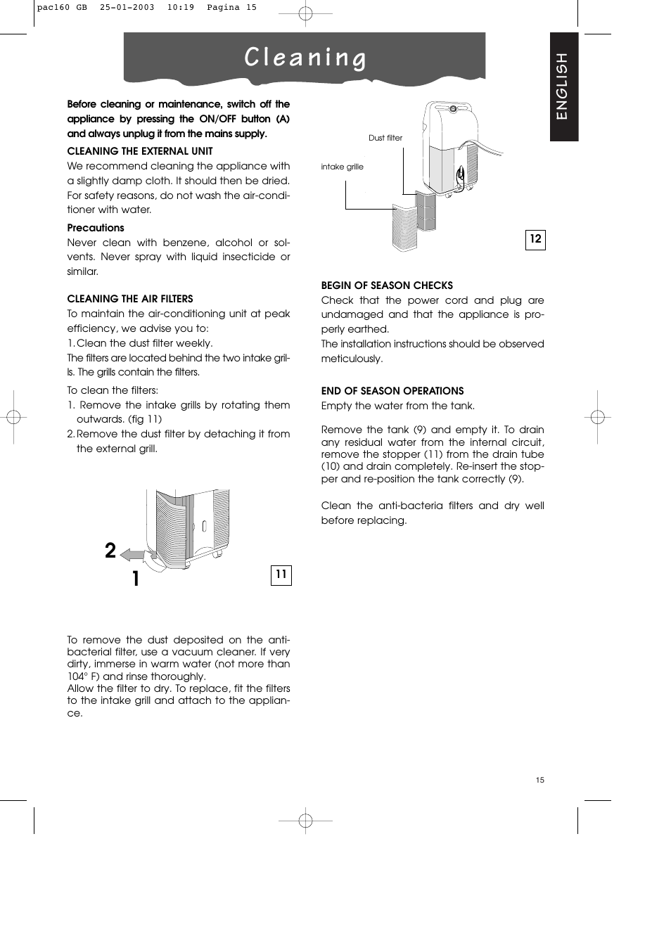 English | DeLonghi Pinguino PAC 160 User Manual | Page 15 / 18