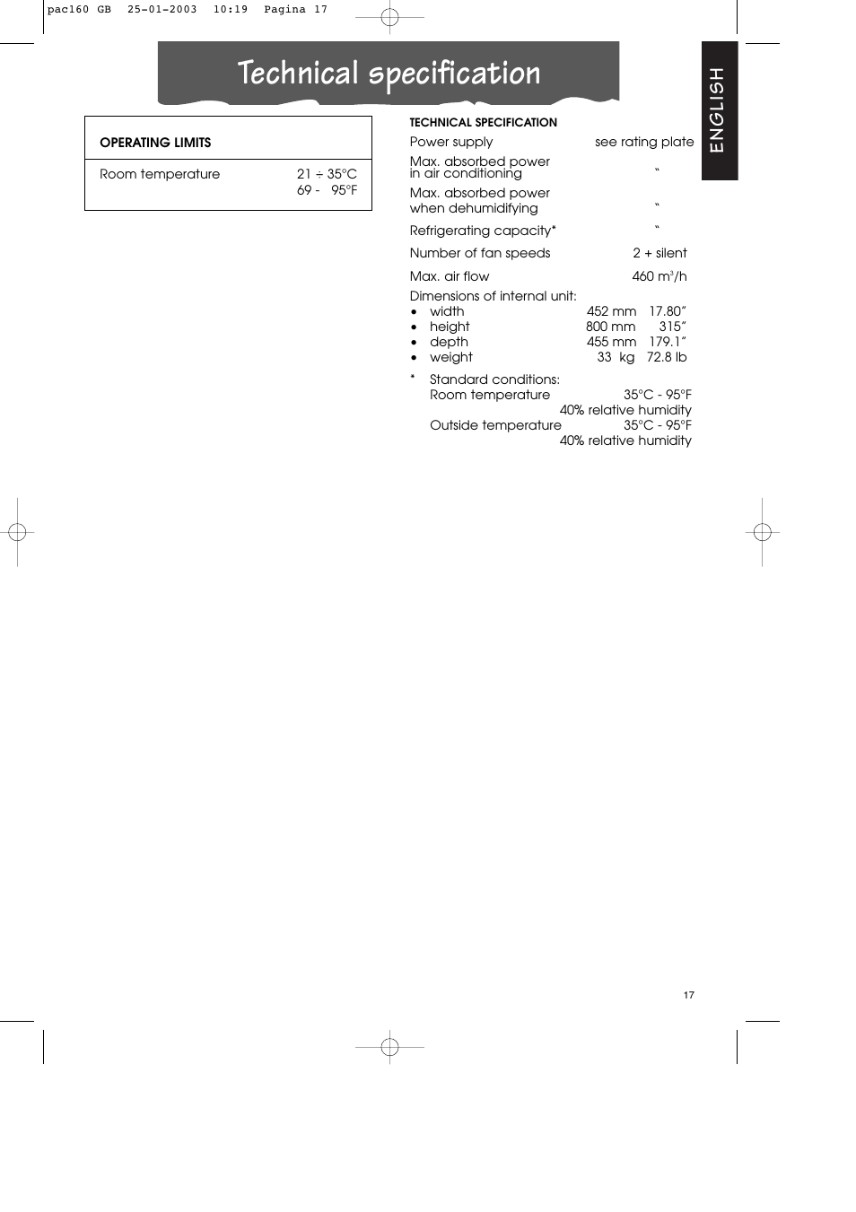 Technical specification, English | DeLonghi Pinguino PAC 160 User Manual | Page 17 / 18