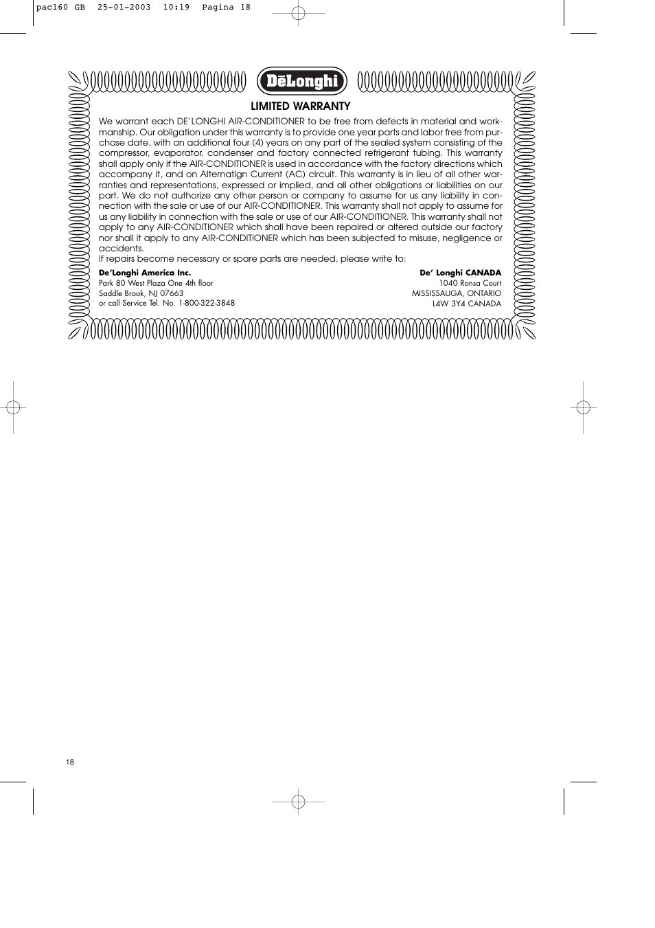 Limited warranty | DeLonghi Pinguino PAC 160 User Manual | Page 18 / 18