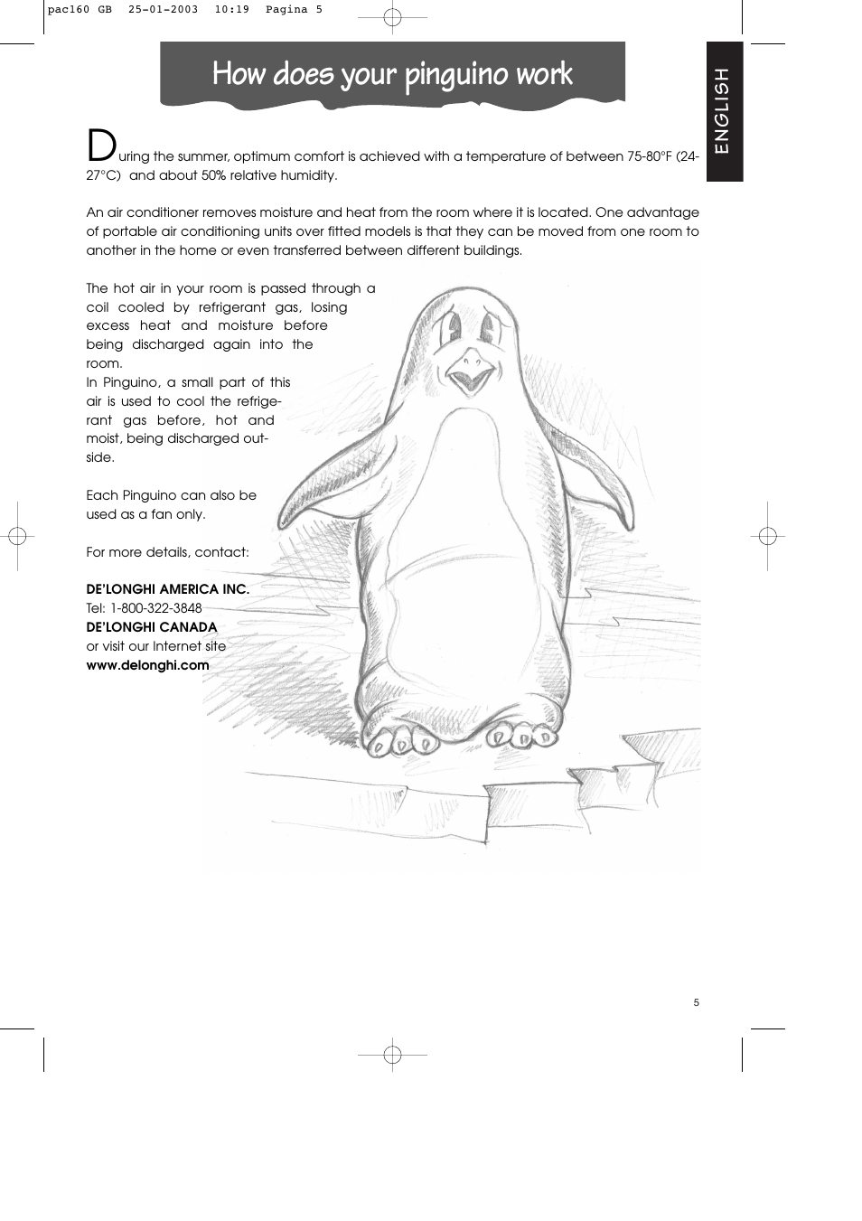 How does your pinguino work, English | DeLonghi Pinguino PAC 160 User Manual | Page 5 / 18