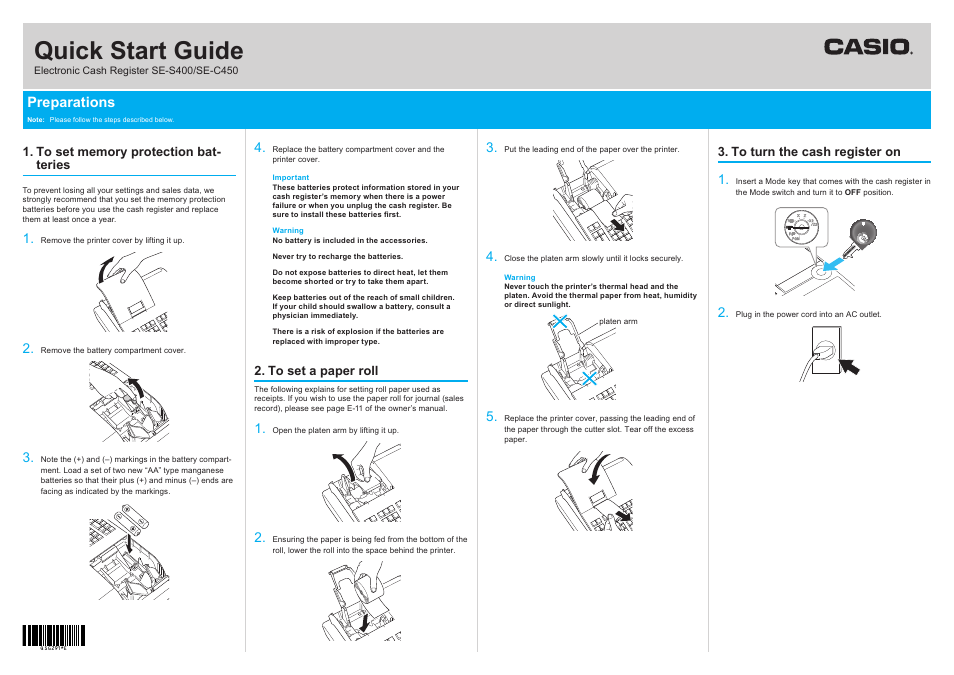 Casio SE-C450 Quick Start User Manual | 2 pages