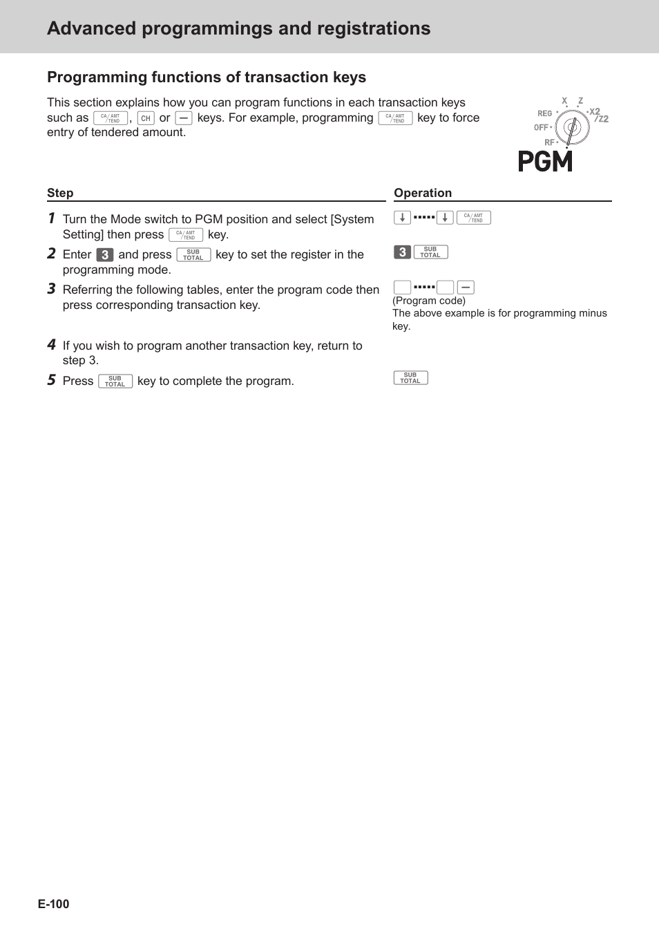 Advanced programmings and registrations, Programming functions of transaction keys | Casio SE-C3500 Manual User Manual | Page 100 / 136