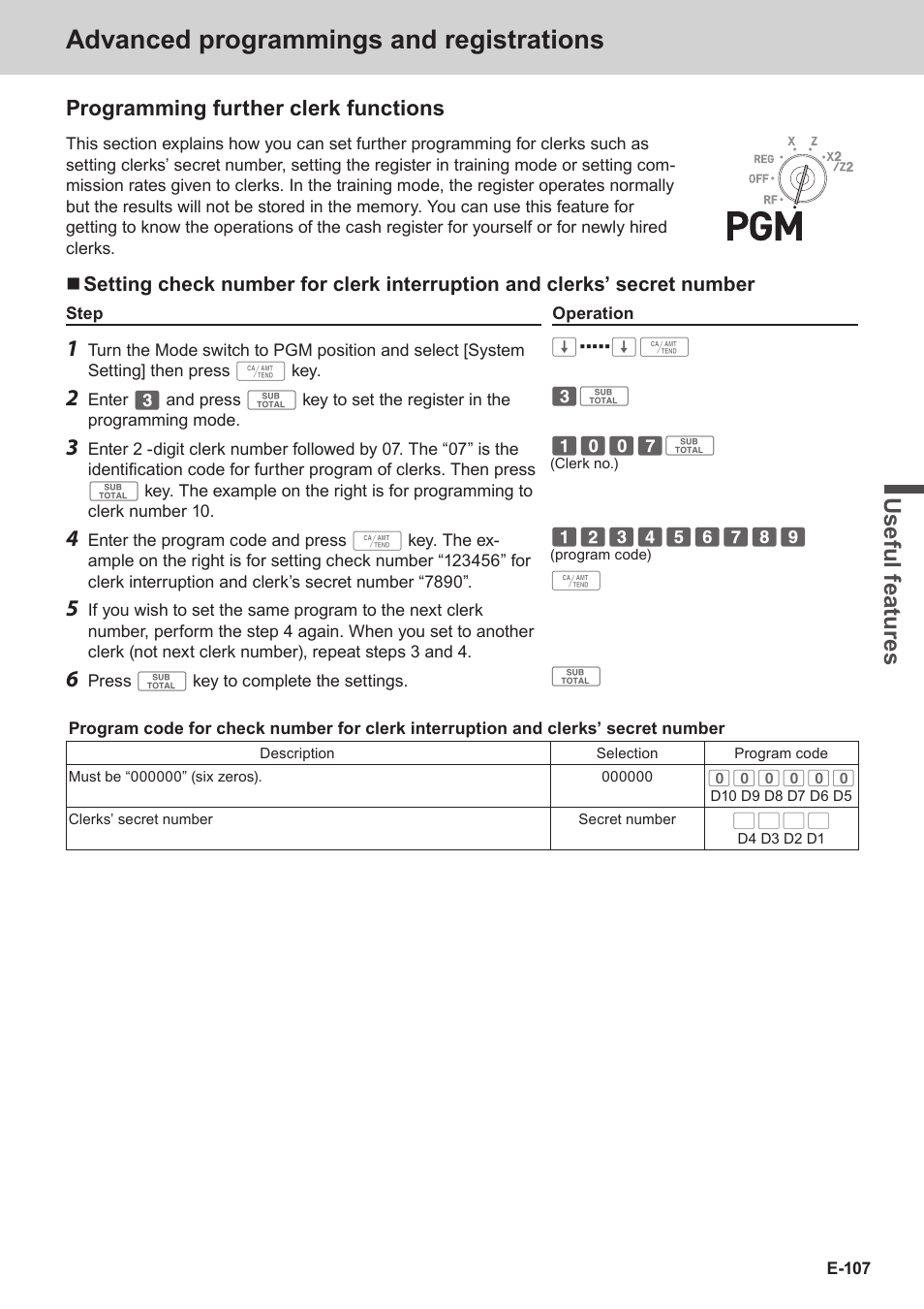 Advanced programmings and registrations, Use ful fe atu re s, Programming further clerk functions | Casio SE-C3500 Manual User Manual | Page 107 / 136