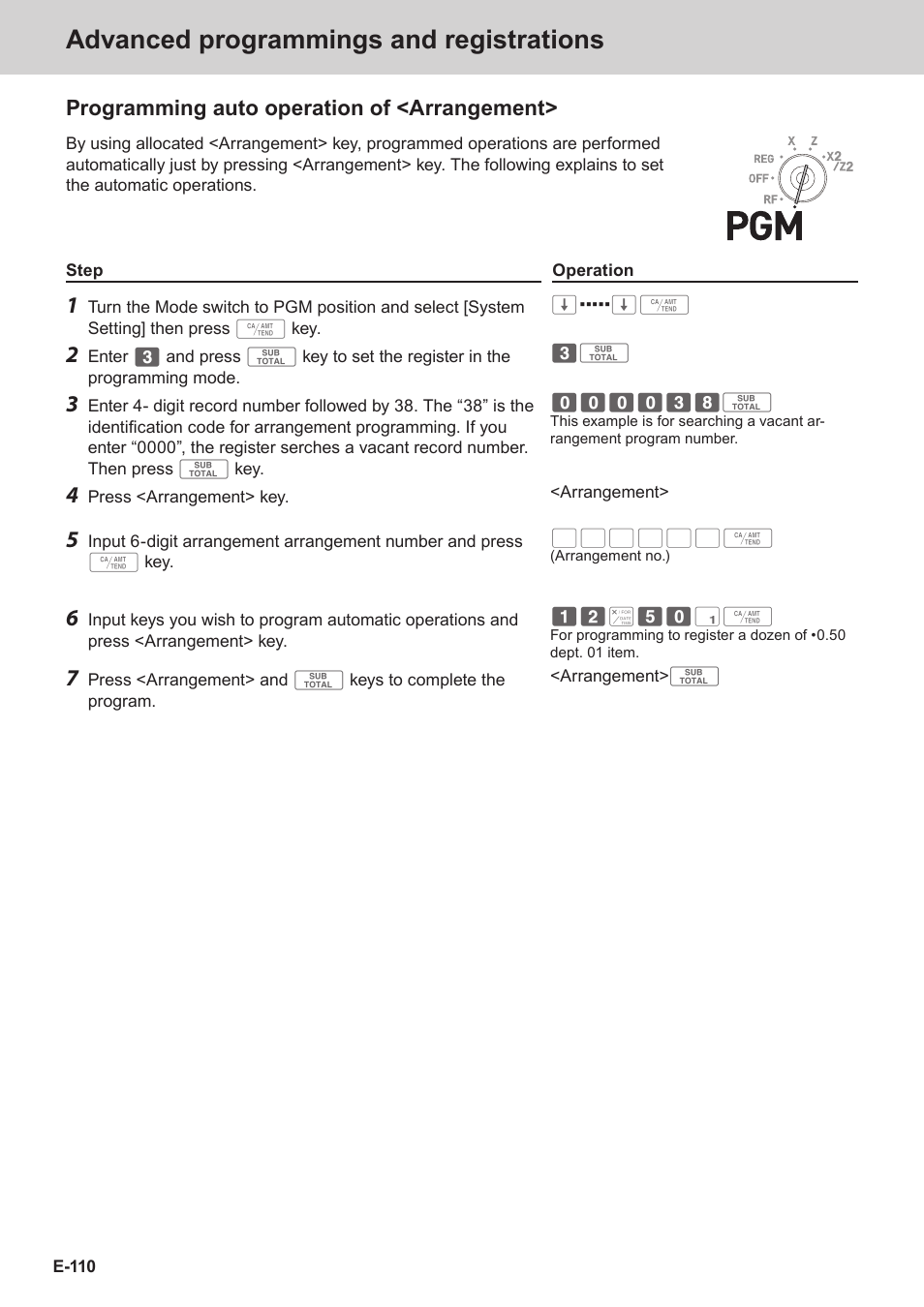 Advanced programmings and registrations, Programming auto operation of <arrangement | Casio SE-C3500 Manual User Manual | Page 110 / 136