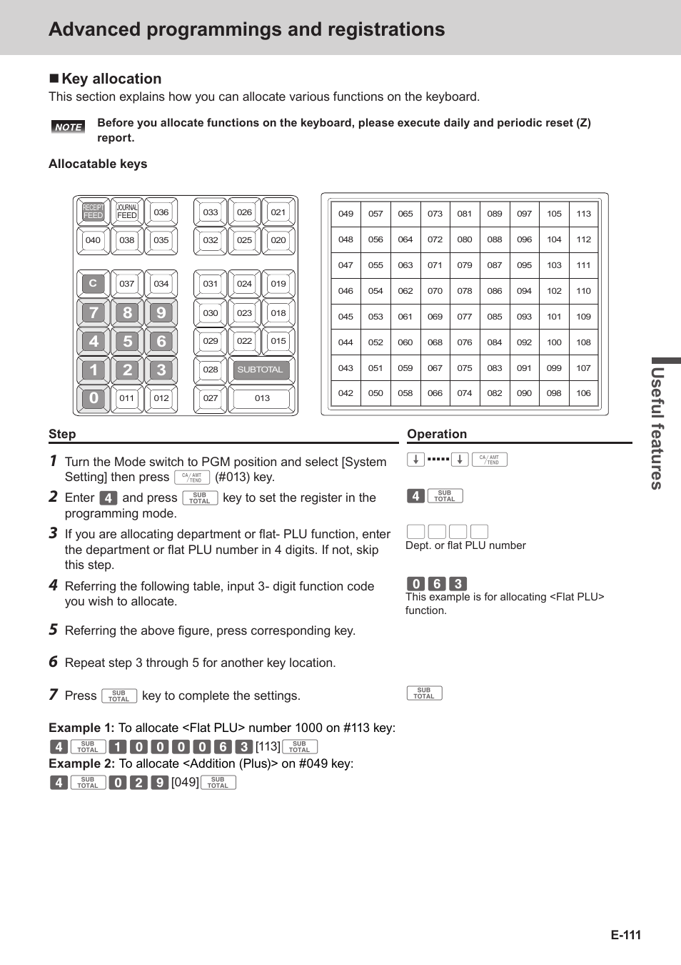 Advanced programmings and registrations, Use ful fe atu re s, Key allocation | Casio SE-C3500 Manual User Manual | Page 111 / 136