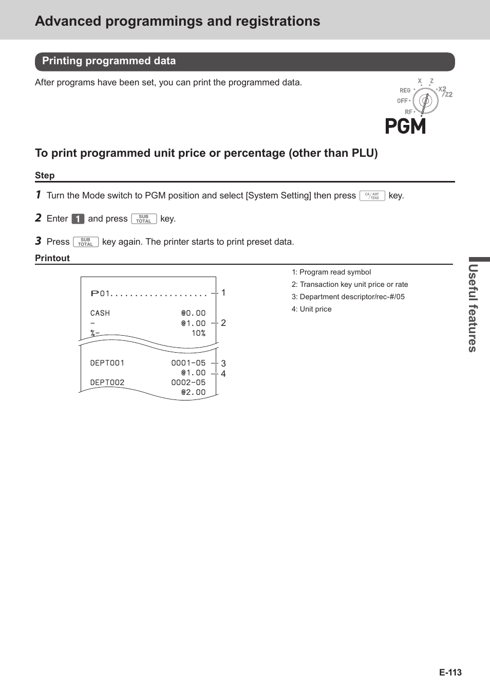 Advanced programmings and registrations, Use ful fe atu re s | Casio SE-C3500 Manual User Manual | Page 113 / 136