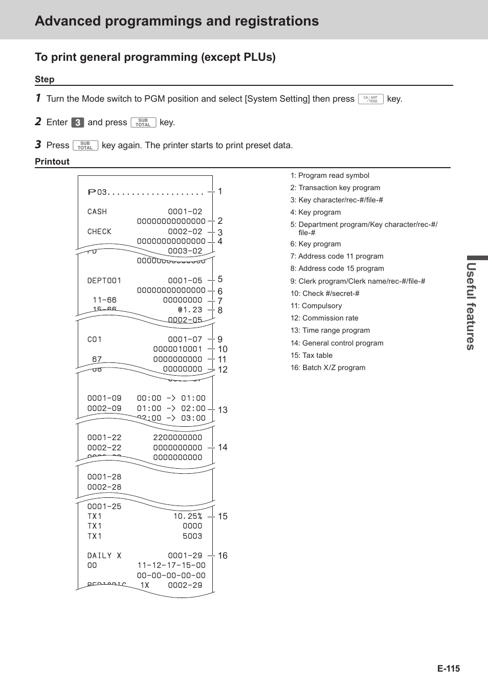 Advanced programmings and registrations, Use ful fe atu re s | Casio SE-C3500 Manual User Manual | Page 115 / 136