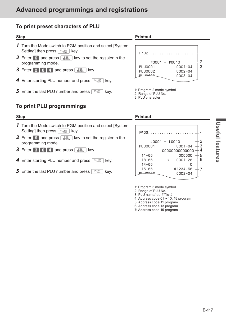 Advanced programmings and registrations, Use ful fe atu re s | Casio SE-C3500 Manual User Manual | Page 117 / 136