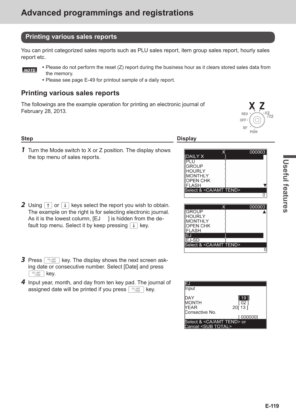 Advanced programmings and registrations, Use ful fe atu re s | Casio SE-C3500 Manual User Manual | Page 119 / 136