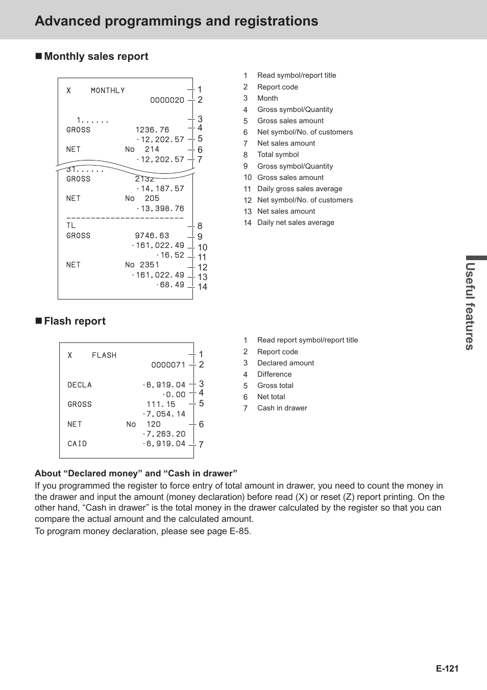 Advanced programmings and registrations, Use ful fe atu re s, Monthly sales report | Flash report | Casio SE-C3500 Manual User Manual | Page 121 / 136