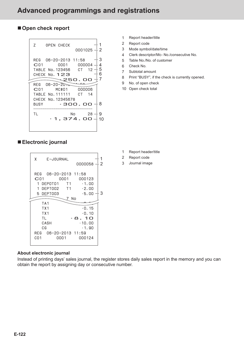 Advanced programmings and registrations, Open check report, Electronic journal | Casio SE-C3500 Manual User Manual | Page 122 / 136