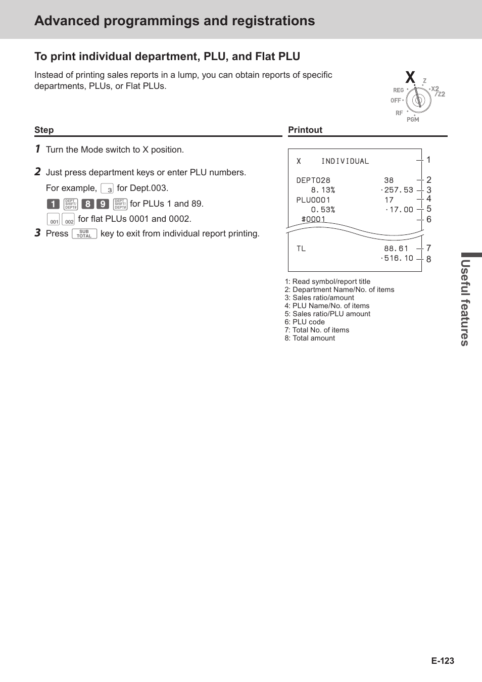 Advanced programmings and registrations, Use ful fe atu re s | Casio SE-C3500 Manual User Manual | Page 123 / 136