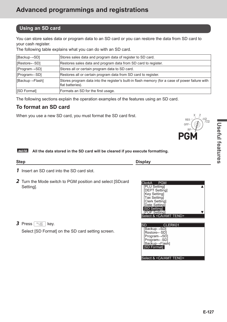 Advanced programmings and registrations, Use ful fe atu re s | Casio SE-C3500 Manual User Manual | Page 127 / 136