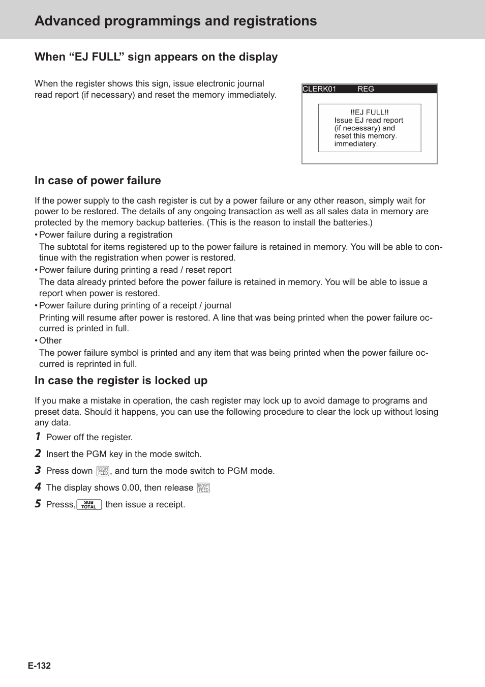 Advanced programmings and registrations, When “ej full” sign appears on the display | Casio SE-C3500 Manual User Manual | Page 132 / 136