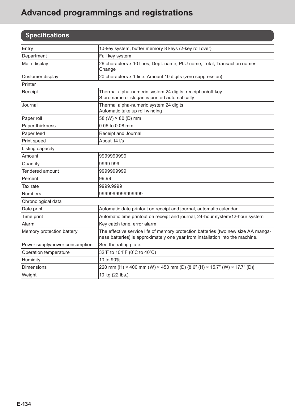 Advanced programmings and registrations, Specifications | Casio SE-C3500 Manual User Manual | Page 134 / 136