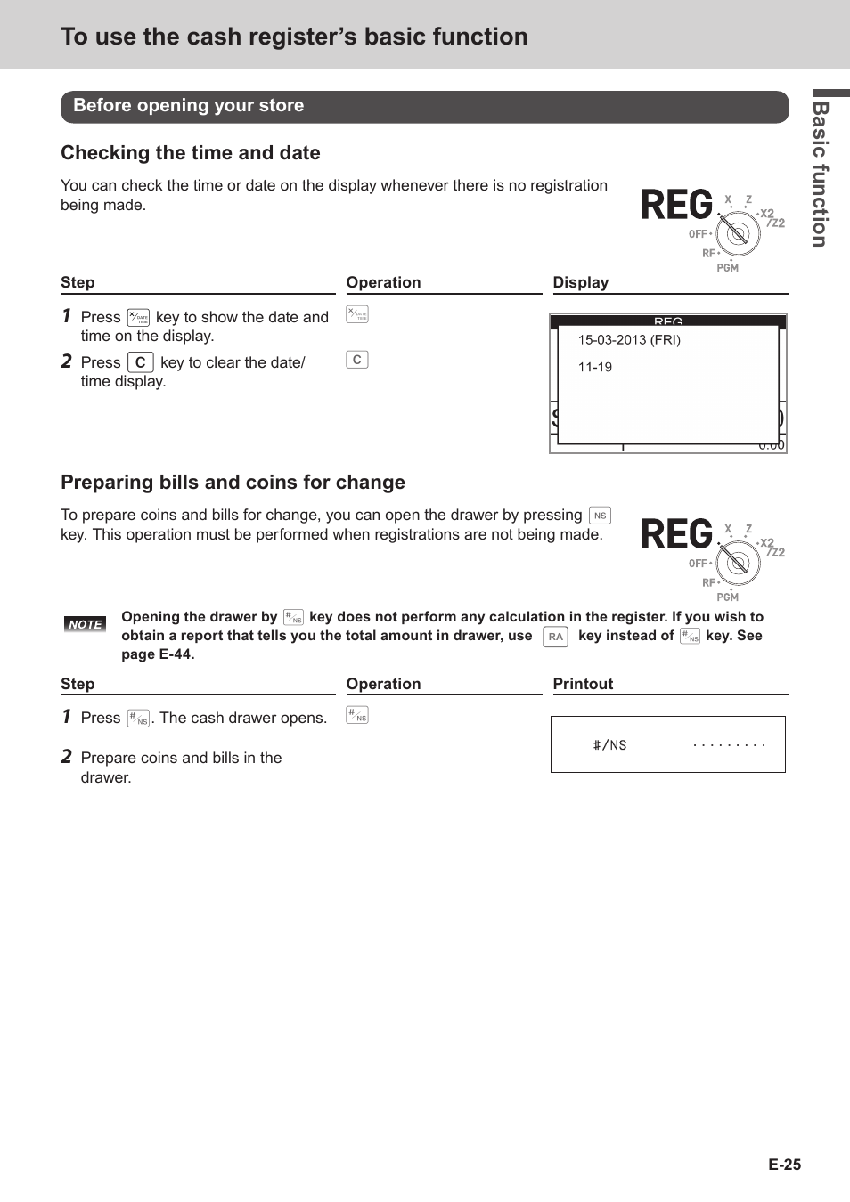 Bas ic fu nc tion, Checking the time and date, Preparing bills and coins for change | Casio SE-C3500 Manual User Manual | Page 25 / 136