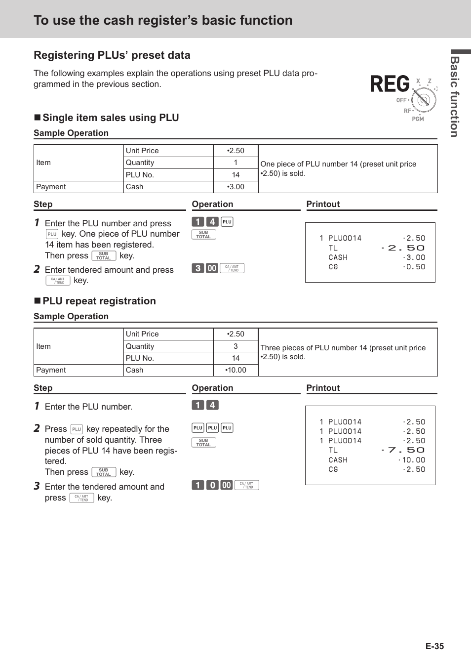 Bas ic fu nc tion, Registering plus’ preset data | Casio SE-C3500 Manual User Manual | Page 35 / 136