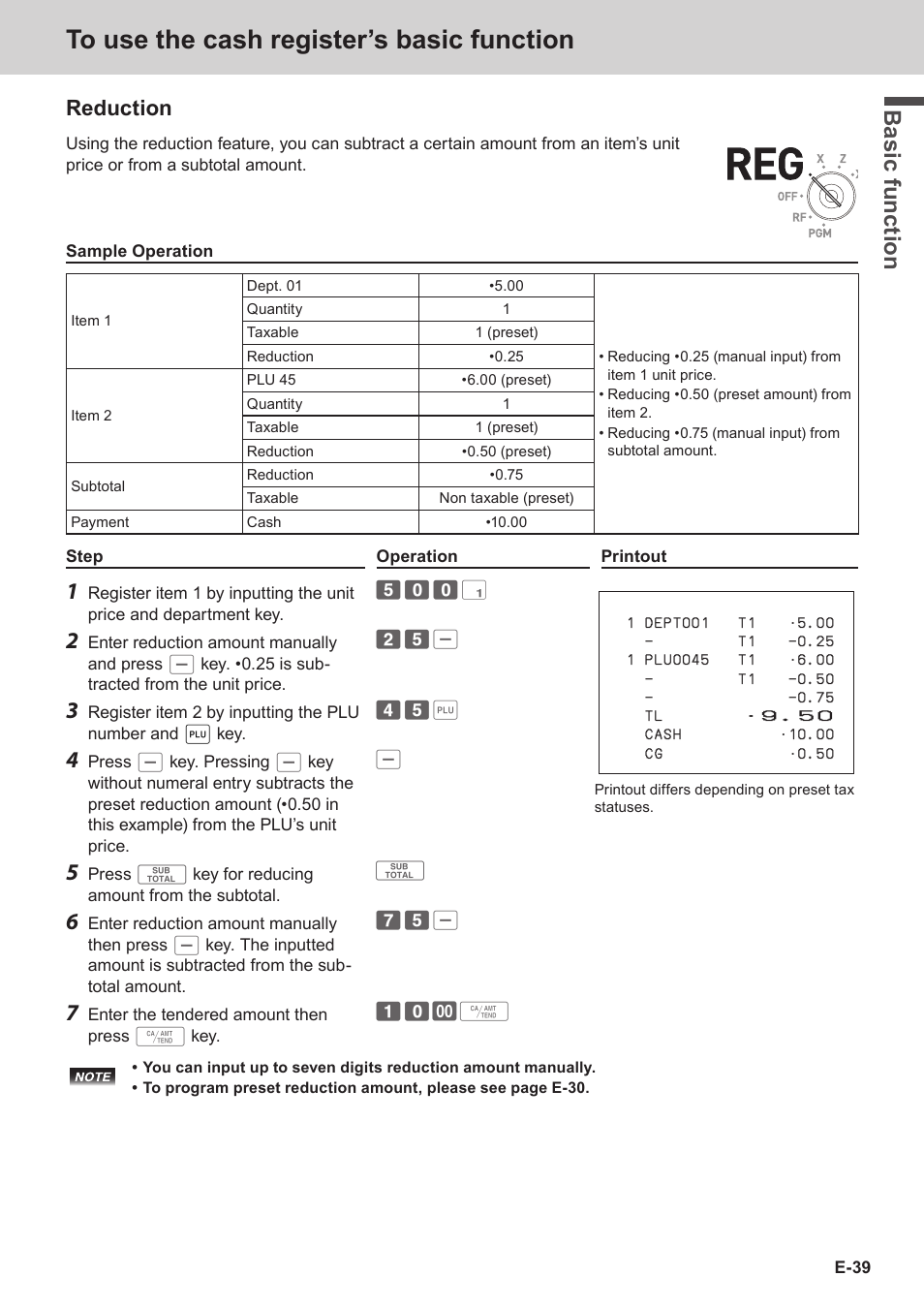 Bas ic fu nc tion, Reduction | Casio SE-C3500 Manual User Manual | Page 39 / 136