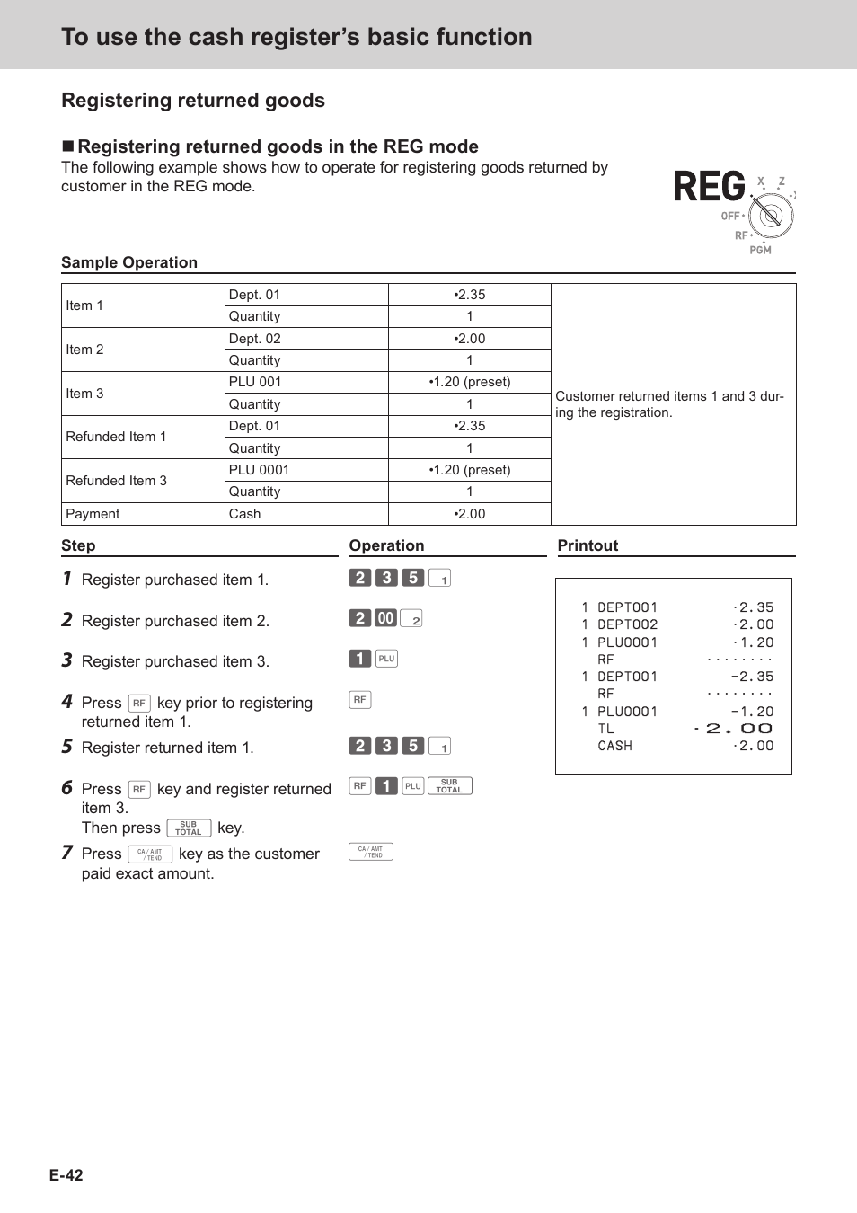 Registering returned goods, Registering returned goods in the reg mode | Casio SE-C3500 Manual User Manual | Page 42 / 136