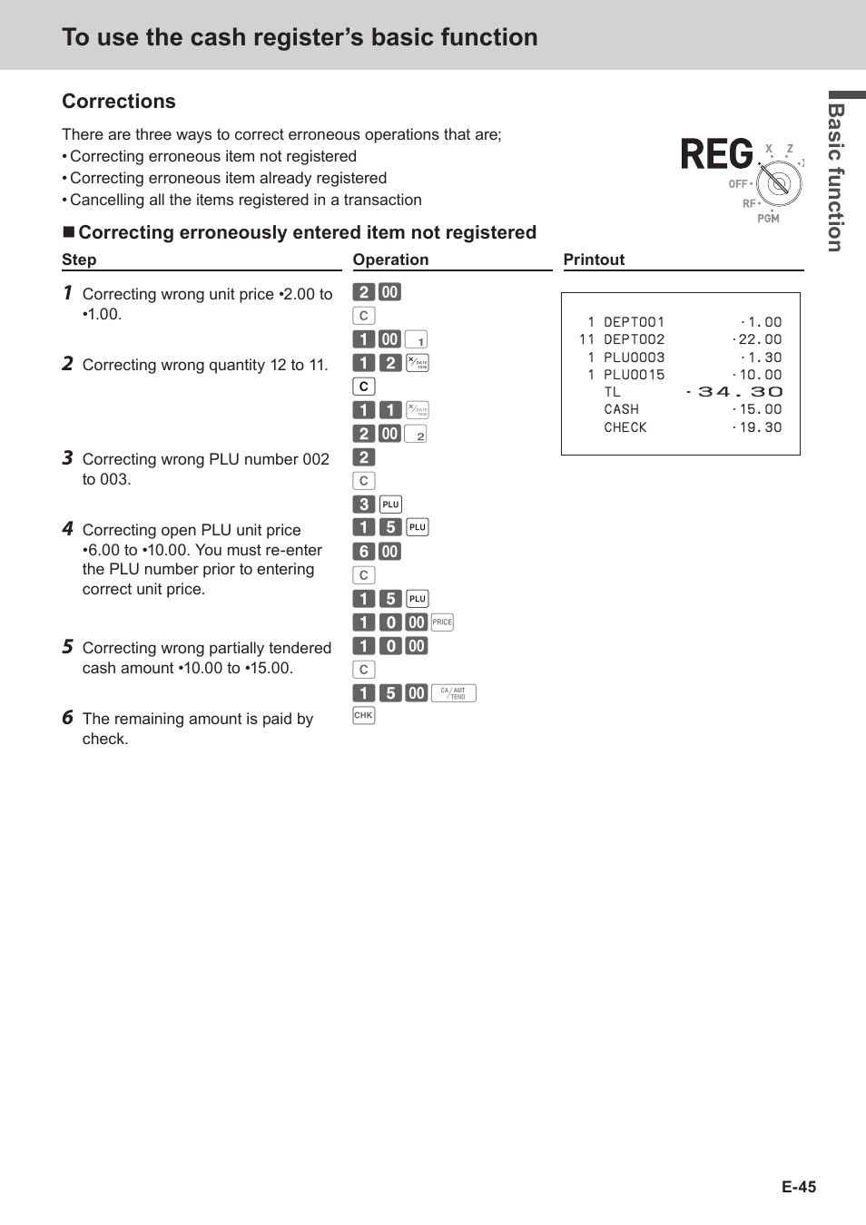 Bas ic fu nc tion, Corrections | Casio SE-C3500 Manual User Manual | Page 45 / 136