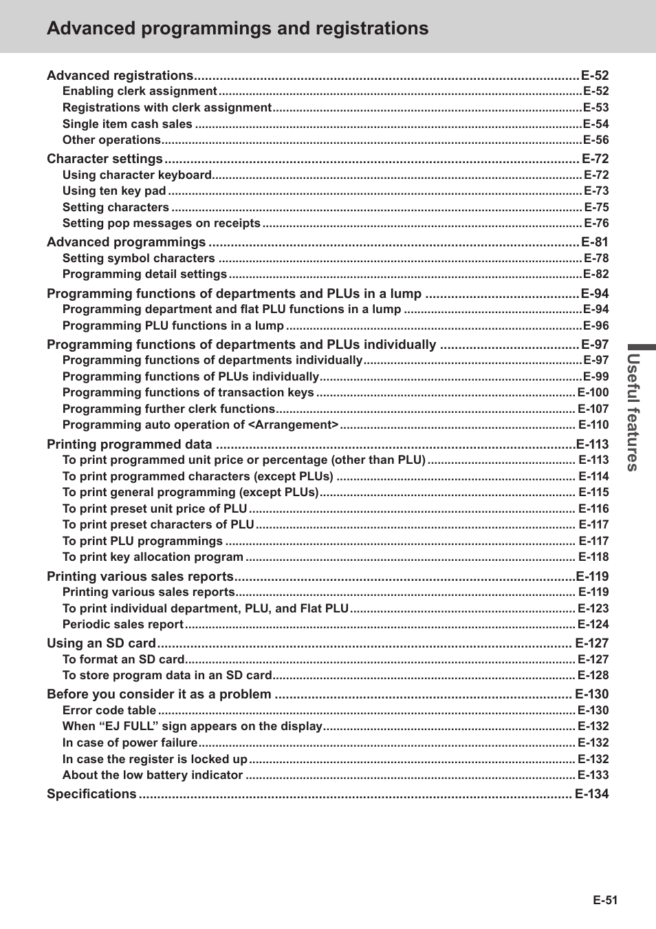 Advanced programmings and registrations, Use ful fe atu re s | Casio SE-C3500 Manual User Manual | Page 51 / 136