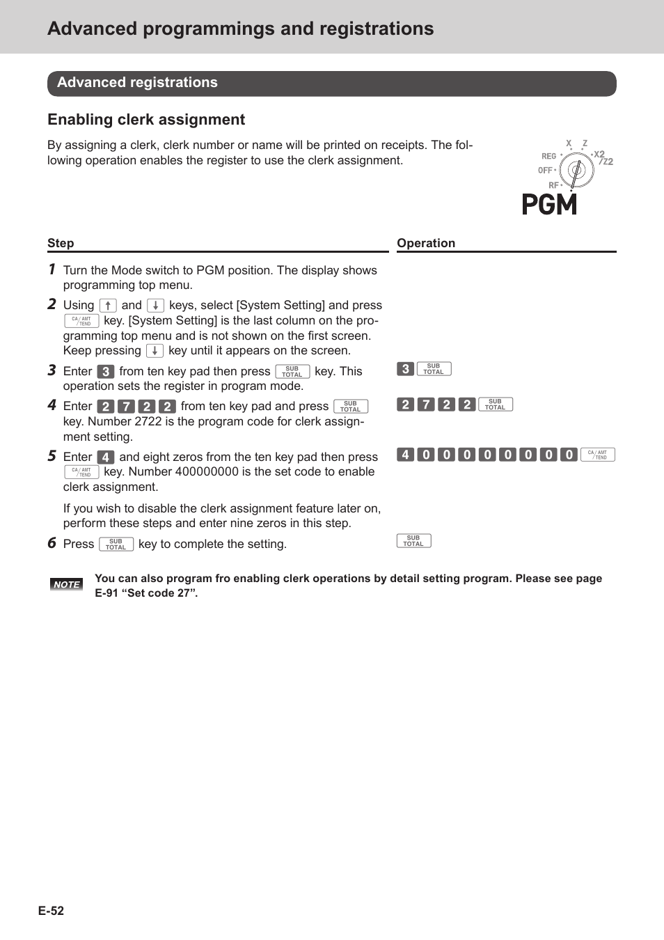 Advanced programmings and registrations, Enabling clerk assignment | Casio SE-C3500 Manual User Manual | Page 52 / 136