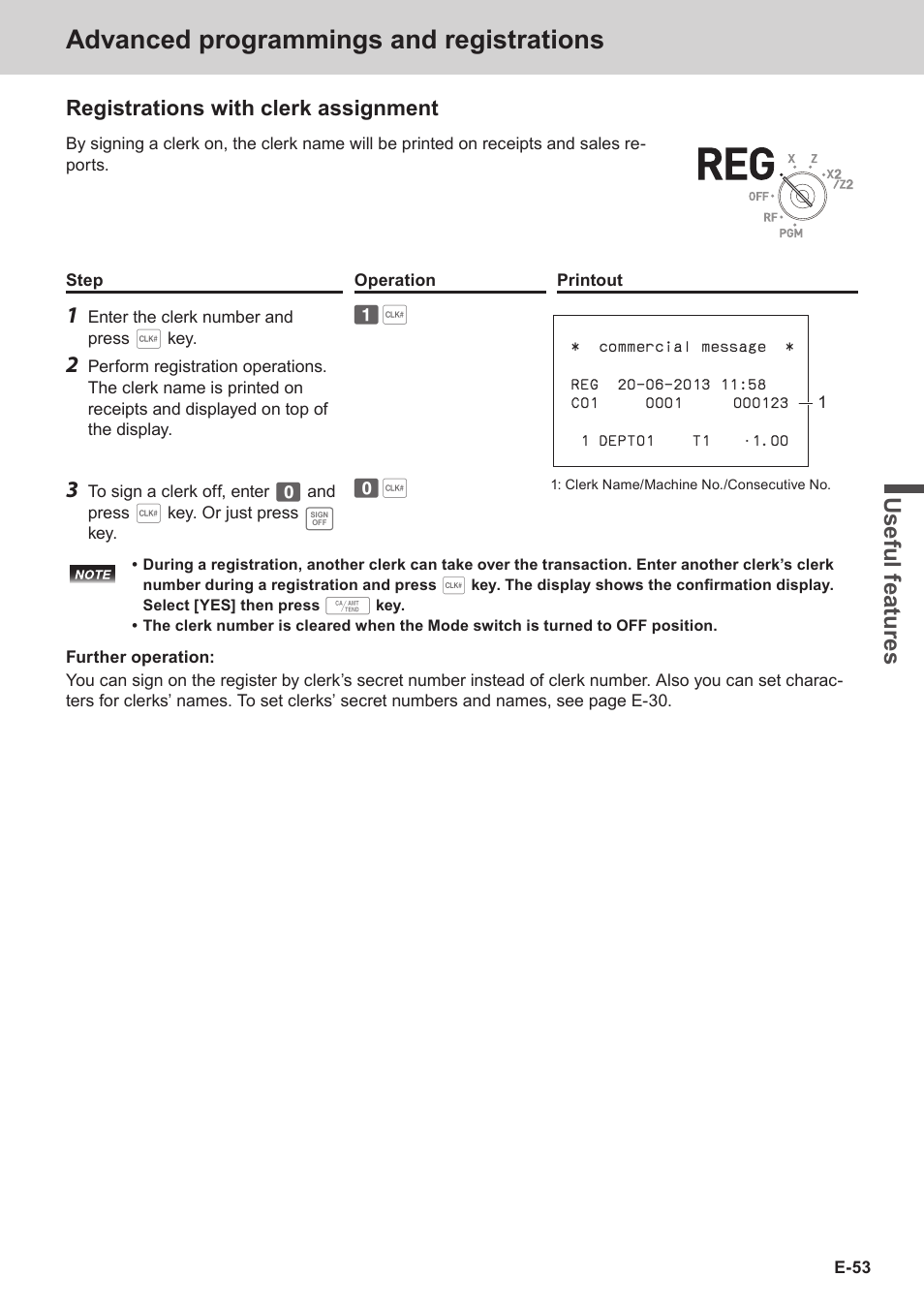 Advanced programmings and registrations, Use ful fe atu re s, Registrations with clerk assignment | Casio SE-C3500 Manual User Manual | Page 53 / 136