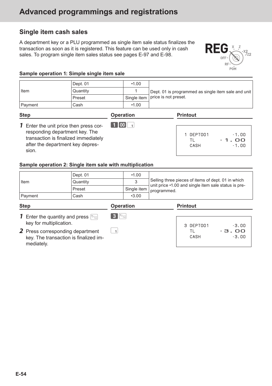 Advanced programmings and registrations, Single item cash sales | Casio SE-C3500 Manual User Manual | Page 54 / 136