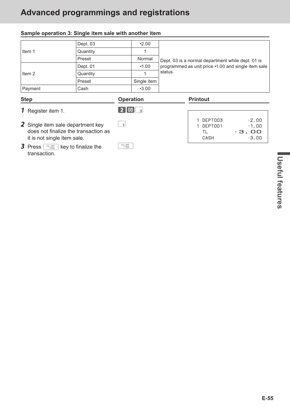 Advanced programmings and registrations, Use ful fe atu re s | Casio SE-C3500 Manual User Manual | Page 55 / 136