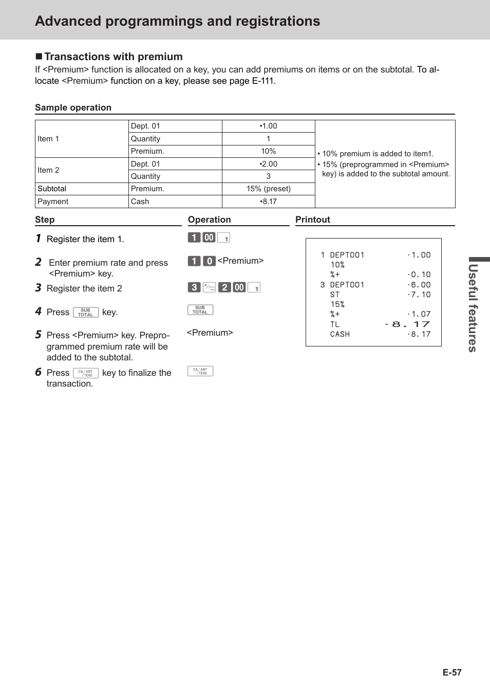 Advanced programmings and registrations, Use ful fe atu re s | Casio SE-C3500 Manual User Manual | Page 57 / 136