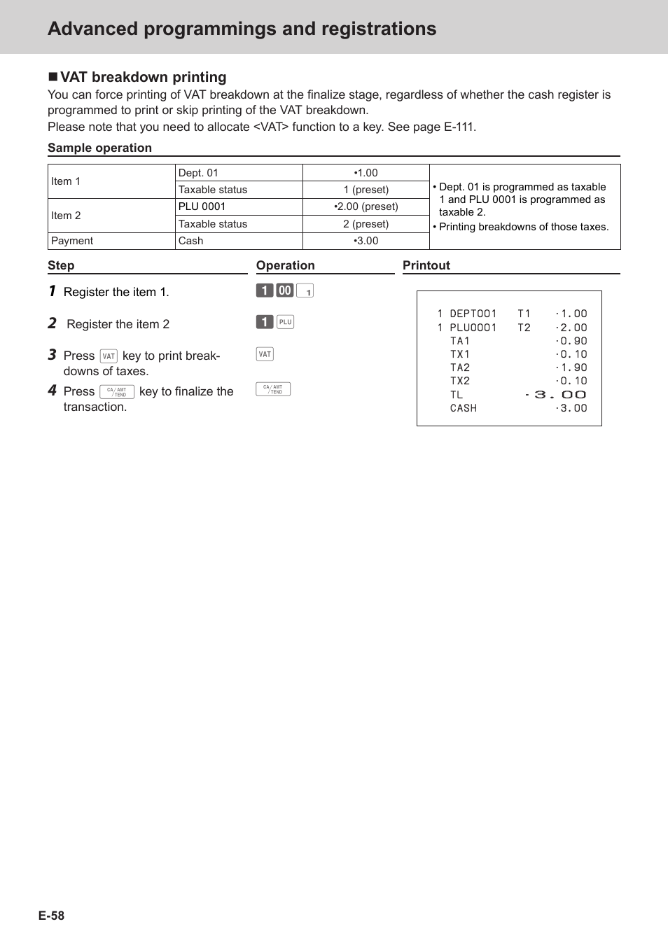 Advanced programmings and registrations, Vat breakdown printing | Casio SE-C3500 Manual User Manual | Page 58 / 136