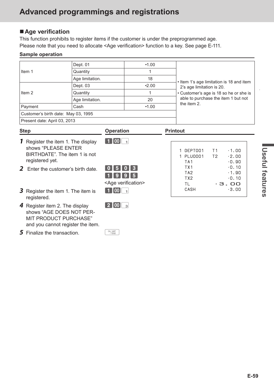 Advanced programmings and registrations, Use ful fe atu re s | Casio SE-C3500 Manual User Manual | Page 59 / 136