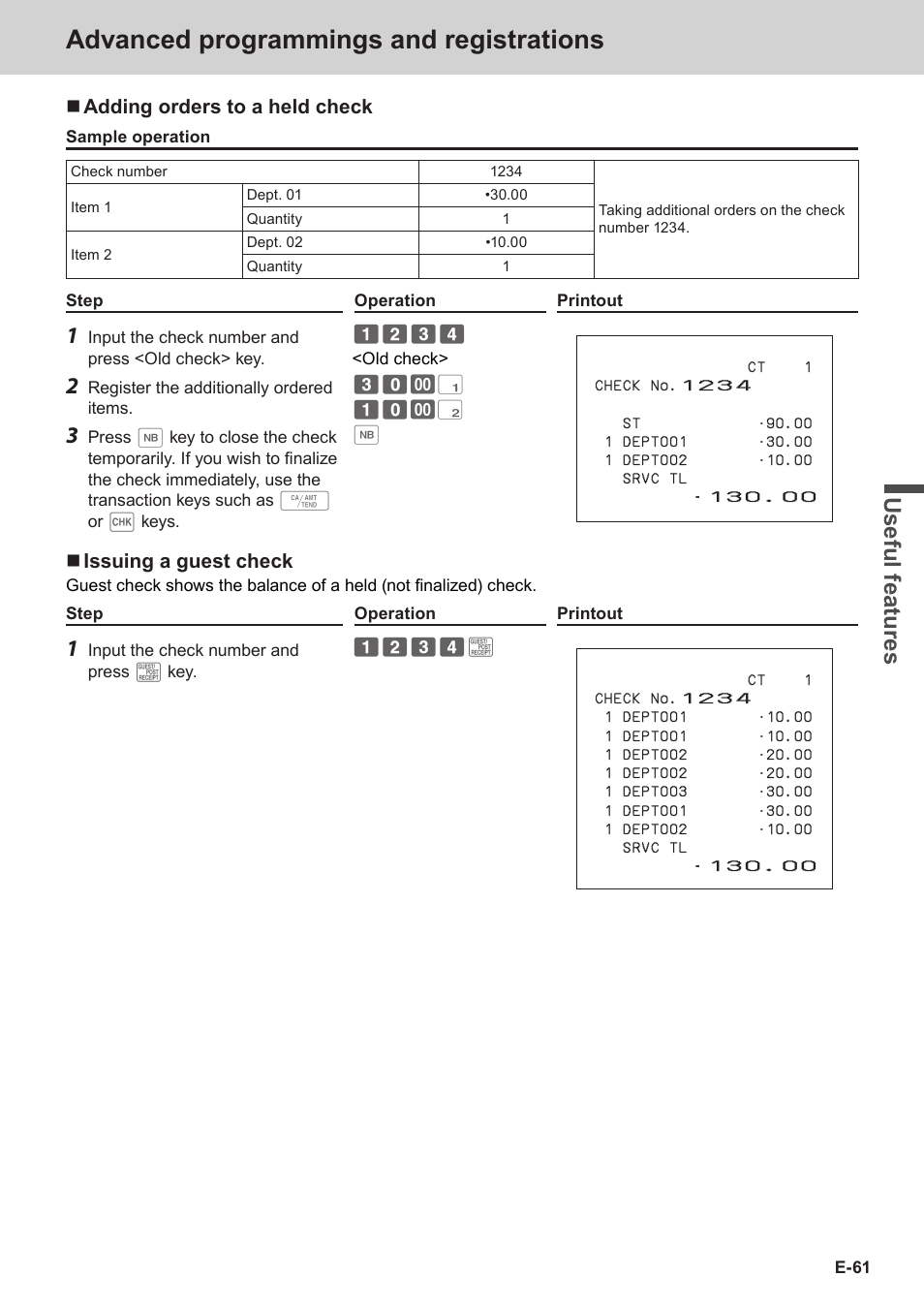 Advanced programmings and registrations, Use ful fe atu re s | Casio SE-C3500 Manual User Manual | Page 61 / 136