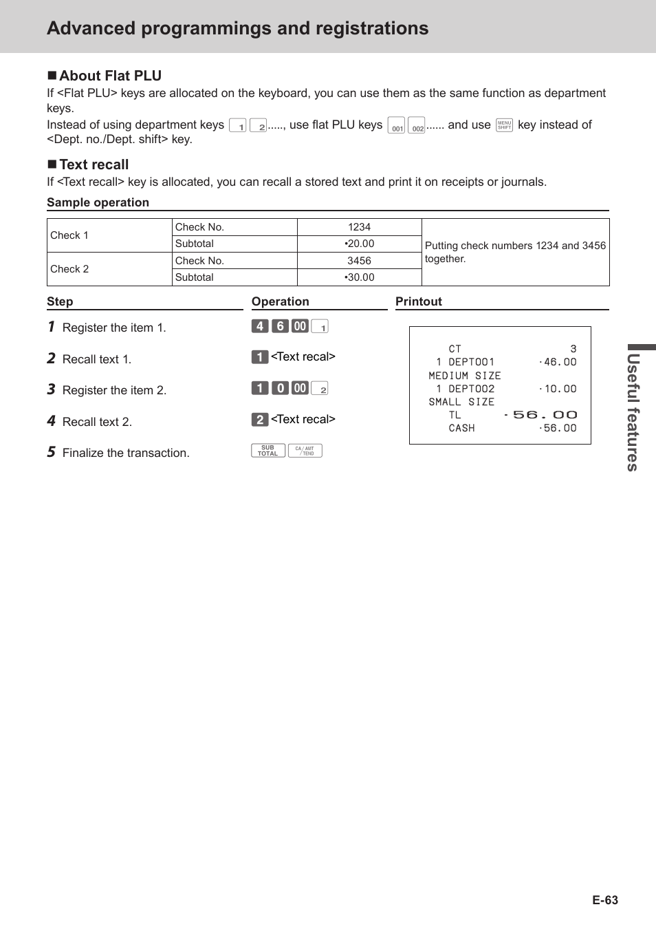 Advanced programmings and registrations, Use ful fe atu re s | Casio SE-C3500 Manual User Manual | Page 63 / 136