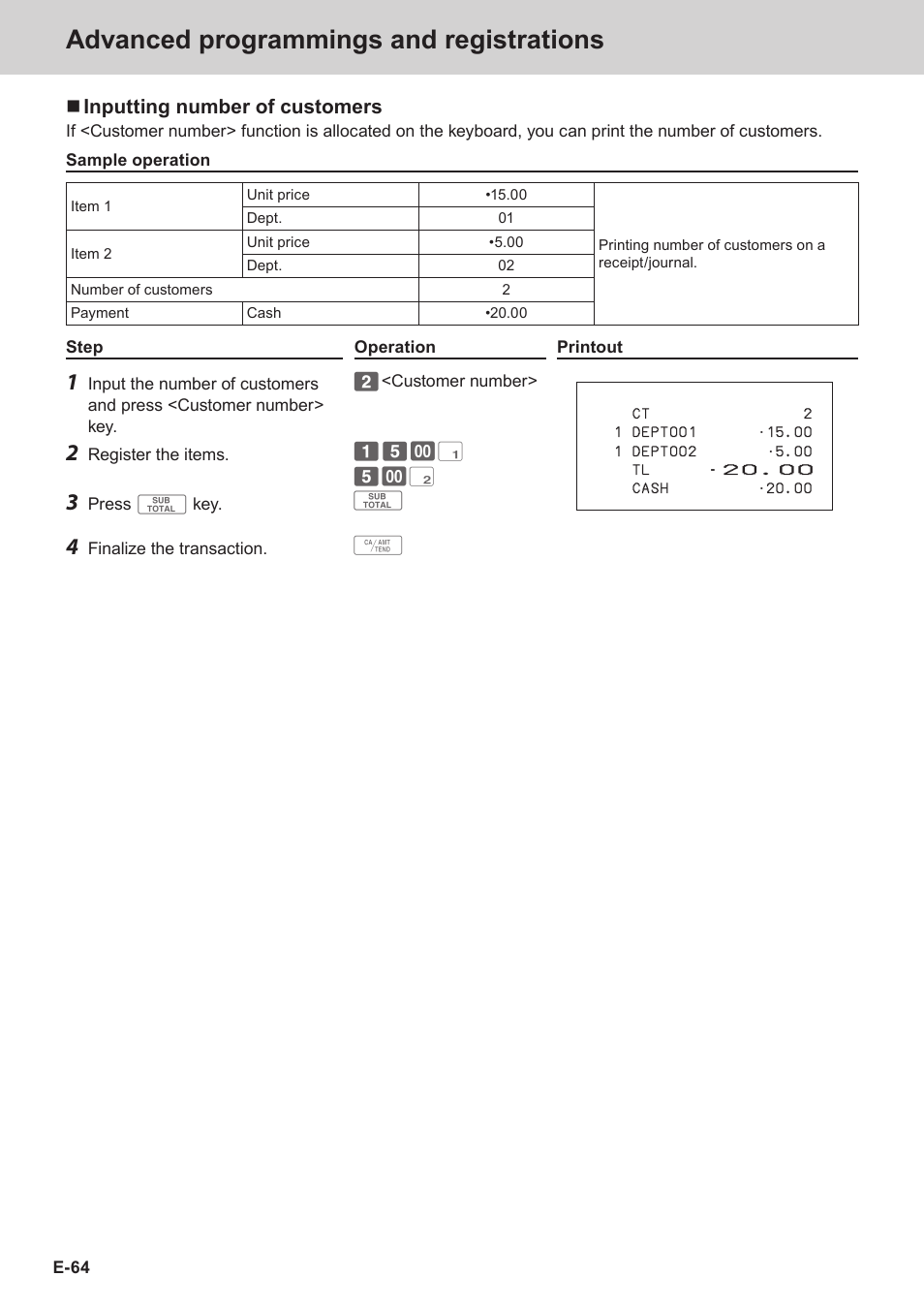 Advanced programmings and registrations, Inputting number of customers | Casio SE-C3500 Manual User Manual | Page 64 / 136