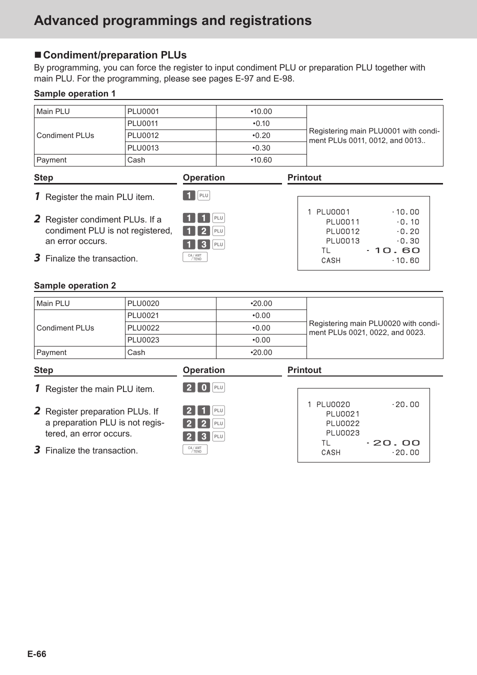 Advanced programmings and registrations, Condiment/preparation plus | Casio SE-C3500 Manual User Manual | Page 66 / 136