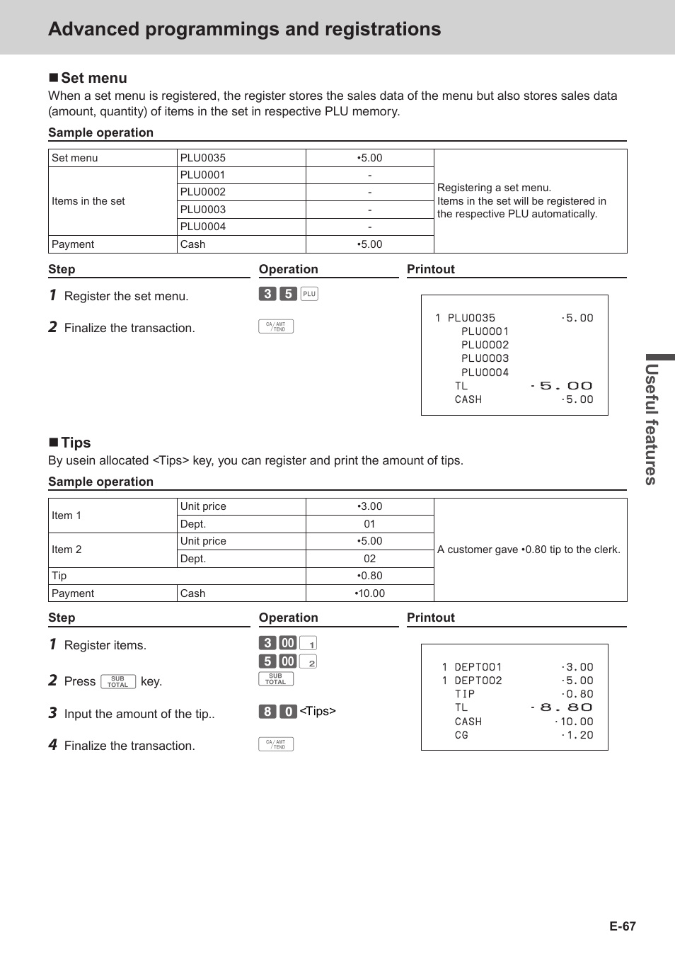 Advanced programmings and registrations, Use ful fe atu re s | Casio SE-C3500 Manual User Manual | Page 67 / 136