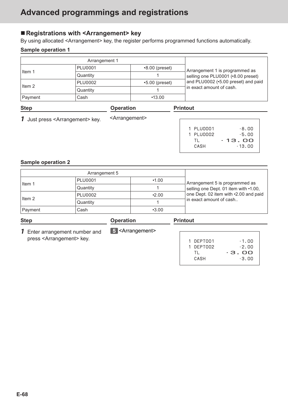 Advanced programmings and registrations, Registrations with <arrangement> key | Casio SE-C3500 Manual User Manual | Page 68 / 136